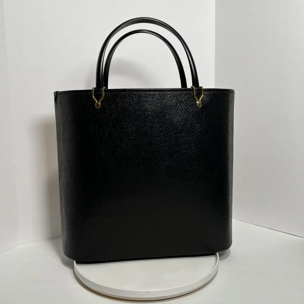 Vintage Handbag‎ Black with Tapestry Front craft bag hard side purse granny bag